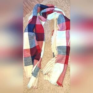 Red Camel Wrap Scarf Beige Plaid 2 Sided Cottagecore Fringe Trim 72x26 Appr